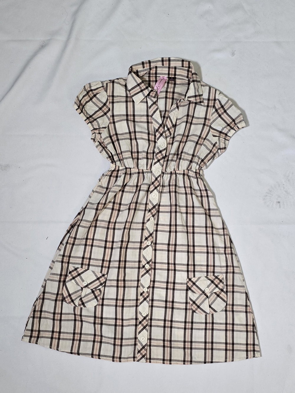 lei Plaid Button-Front Dress in Cream and Brown